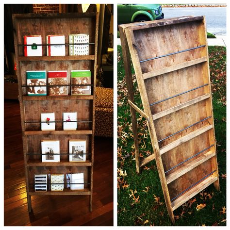 Repurposed pallet greeting card display. Retail Card Display Ideas, Ways To Display Greeting Cards, Diy Card Display Stand Craft Fairs, Pallet Booth Display, Greeting Card Stand Display Ideas, Greetings Card Display, Brochure Display Stand, Unique Greeting Card Display, Displaying Greeting Cards