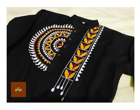 Madhubani Painting On T Shirt, Panjabi Design Drawing, Hand Print Panjabi For Men, Kalka Design On Punjabi, Febric Penting Design Panjabi, Hand Painted Panjabi Design For Men, Panjabi Design For Men Fabric, Hand Painted Punjabi For Men, Kurti Painting Design