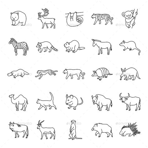 Mammals II Outlines Vector Icons Animal Tattoo Flash Sheet, Small Animal Tattoos For Men, Animal Tattoo Simple, Animal Outline Tattoo, Simple Animal Tattoos, Wombat Tattoo, Sloth Tattoo, Minimal Tattoo Ideas, Animal Line Drawings