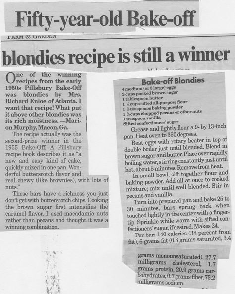 Newspaper Clipping Recipe of Bake-Off Blondies Old Newspaper Recipes, Newspaper Recipes, Newspaper Clippings, Sweet Bar, Vintage Dessert, Blondies Recipe, Baking Cupcakes, Brownie Bar, Old Recipes