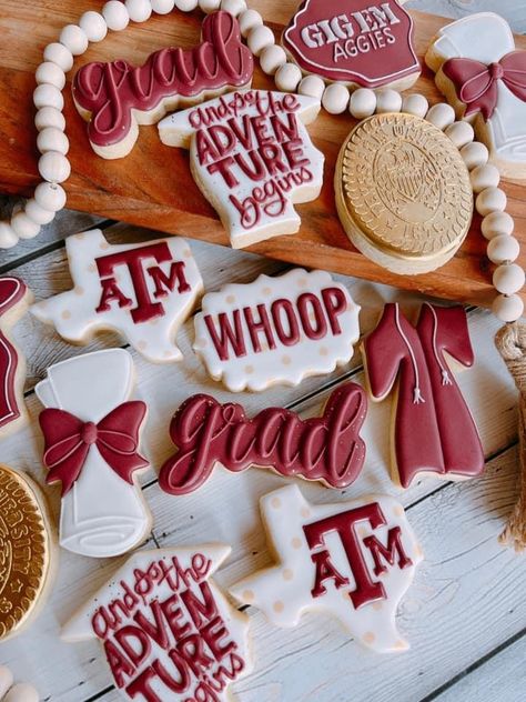 Texas A&m Graduation Cookies, A&m Cookies Decorated, Texas A&m Cookies Decorated, Texas A&m Cookies, A&m Graduation Party, Texas A M Graduation Parties, Aggie Party, Grad Party Cookies, Aggie Graduation Party