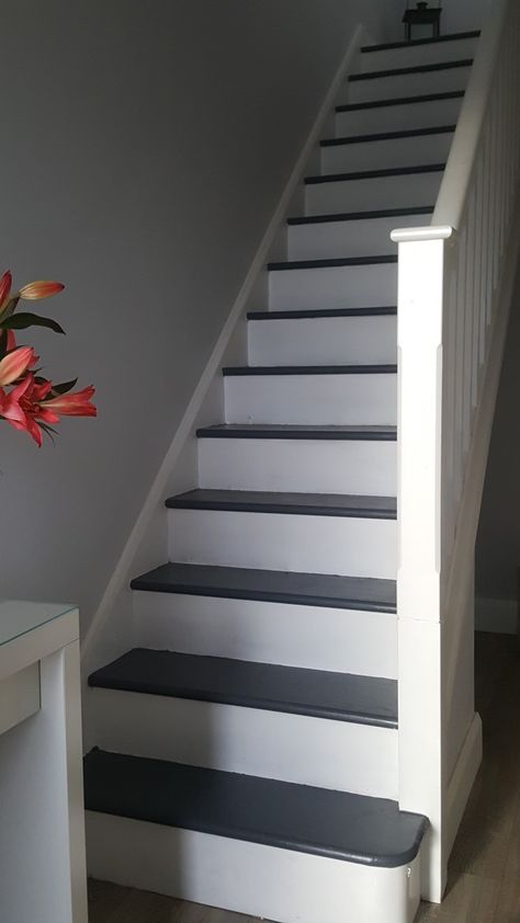 Grey and white painted stairs White Painted Stairs, Grey Staircase, Grey Painted Stairs, White Railing, Outside Stairs, Gray Stairs, White Staircase, Painted Staircases, Staircase Remodel