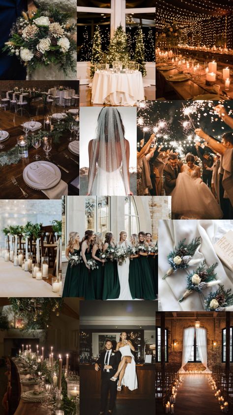 Dreamy Winter Wedding, Magical Winter Wedding, Green Winter Wedding Theme, Christmas Theme Wedding Ideas, Winter Wedding Green And Gold, Vintage Winter Wedding Aesthetic, Winter Wedding Aesthetic Green, Timeless Winter Wedding, Wintergreen Wedding