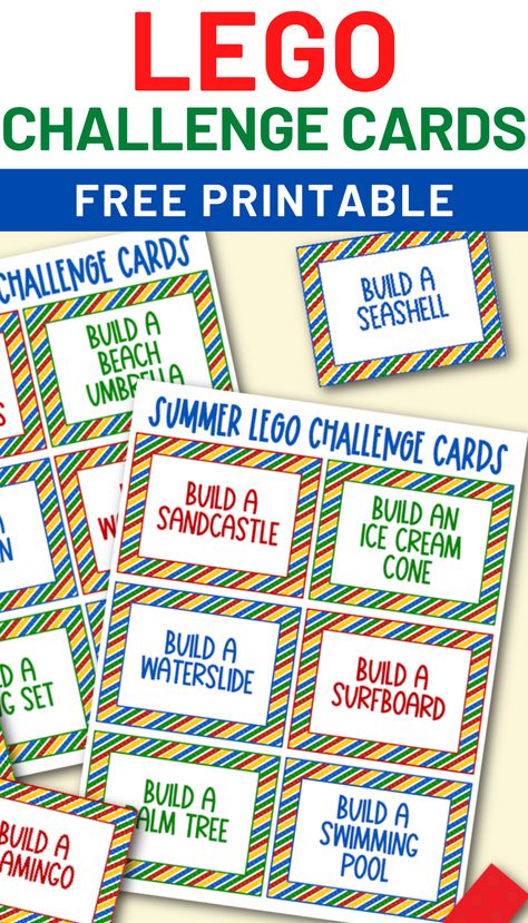 Lego Challenge Cards Free Printable With Pictures, Lego Challenge Cards Free Printable, Lego Challenges For Kids, Summer Camp Ideas For Kids, Lego Challenge Cards, Camp Ideas For Kids, Kindergarten Centres, Lego Night, Lego Club Ideas