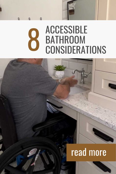 Top tips to create a stylish wheelchair-accessible bathroom! An accessible bathroom does not need to be boring and sterile. From angled mmirrorsirrros to zero-entry showers, there are a lot of things to consider when designing for accessibility. Wheelchair Bathroom Layout, Wheelchair Accessible Vanities, Handicapped Accessible Bathrooms, Bathroom Handicapped Plan, Bathroom Remodel Accessible, Beautiful Handicapped Bathrooms, Bathroom For Wheelchair Users, Modern Wheelchair Accessible Bathroom, Small Accessible Bathroom Ideas