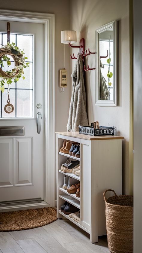 Elevate your entryway style with the versatile IKEA HEMNES Shoe Cabinet! This beautifully organized space features a decorative tray for keys, complemented by the sleek TJUSIG coat rack and NORDRANA hanging storage basket. The woven doormat adds a touch of personality, while soft, diffused lighting from a wall sconce creates a warm atmosphere. Perfect for keeping your home neat and inviting! Ready to transform your entrance? Click through for more styling tips and inspiration! #EntrywayDecor #IKEAStyle #HomeOrganization #ShoeStorage #InteriorDesign #CozyHome #IKEAHEMNES No Coat Closet Solutions Entryway, Shoe Rack Ideas Entryway Front Door, Shoe Cabinet Decor, Show Storage Ideas, Ikea Hemnes Shoe, Ikea Hemnes Shoe Cabinet, Coat And Shoe Storage, Coat Rack Entryway, Hemnes Shoe Cabinet