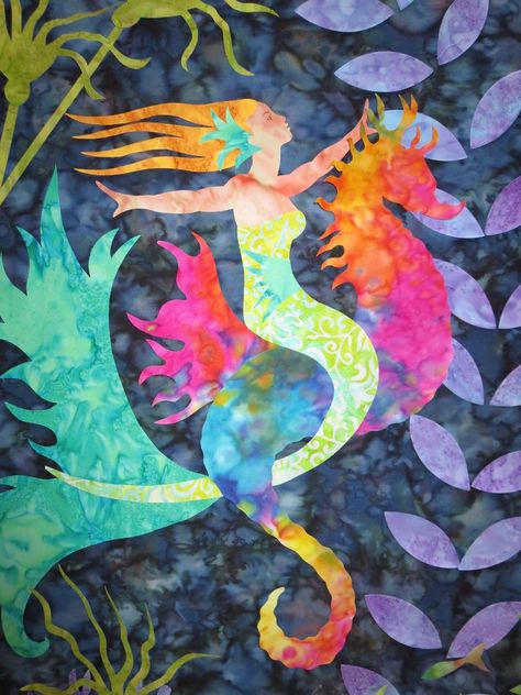 Sea Fairy PDF quilt pattern applique mermaid sea horse | Etsy Seascape Quilts, Sea Fairy, Mermaid Quilt, Sea Quilt, Raw Edge Applique, Landscape Quilts, Pdf Quilt Pattern, Sea Horse, Mixed Media Art Journaling