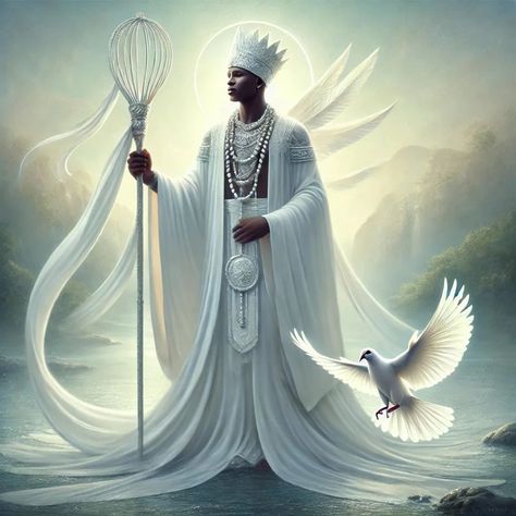 Obatala is one of the most revered orishas in the Yoruba spiritual tradition, symbolizing wisdom, purity, and peace. Known as the "King of the White Cloth," Obatala is associated with clarity, patience, and compassion, embodying calmness and tranquility. Often depicted as an elder, he is considered the father figure of the orishas and is seen as a divine creator who shaped humanity. Obatala is also a healer and protector, especially for those who seek justice or suffer from ailments, blindnes... Orisha Obatala, Yoruba Orishas, Orishas Yoruba, White Cloth, Father Figure, The Father, The King, The White, Spirituality