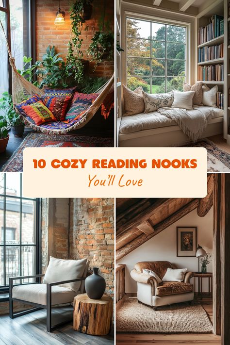 Create your perfect reading retreat with these 10 cozy reading nook ideas, perfect for any home. From bohemian-style setups featuring colorful cushions and plants, to a rustic corner with a leather armchair and warm lighting, there’s inspiration for every taste. Want a serene minimalist space? We've got that too! No matter how big or small your space is, you can turn any corner into a personal haven of relaxation. Curl up with your favorite book and immerse yourself in comfort. Explore these reading nook options and choose what resonates with you. Small Book Nook, Reading Room Ideas Cozy, Book Corner Ideas Bedroom, Nook Design Ideas, Reading Retreat, Cozy Reading Room, Reading Room Design, Unique Shelving, Zen Corner