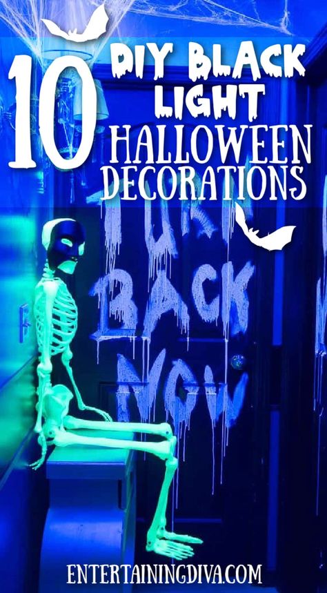 These DIY glow in the dark Halloween decor ideas are awesome! I can't wait to create the haunted house for my Halloween party and be able to write on the walls. How To Make A Haunted House In Garage, Black Light Halloween Decorations, Black Light Halloween, Blacklight Halloween, Diy Black Light, Haunted House For Kids, Halloween Haunted House Diy, Glow Halloween, Haunted House Diy