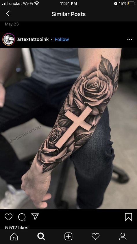 Cross With Roses Tattoo Men, Cross Rose Tattoo Men, Men’s Tattoos Forearm Cross, Roses With Cross Tattoo, Cross Sleeve Tattoos For Women, Rose Sleeve Tattoo For Men, Half Sleeve Tattoos Forearm, Rose Tattoo Sleeve, Rose Tattoos For Men