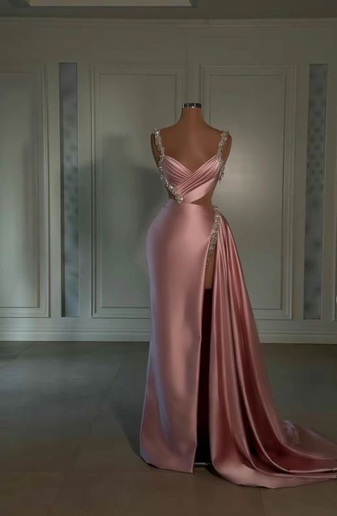 Elegant Sleeveless Dress With Side Slits For Party, Elegant Sleeveless Dress With Sweep Train For Party, Elegant Sleeveless Evening Dress With Side Slits, Sleeveless Evening Dress With Side Slits For Prom, Pleated Gown, Classy Prom Dresses, Custom Prom Dress, Spaghetti Strap Prom Dress, Pink Prom Dress