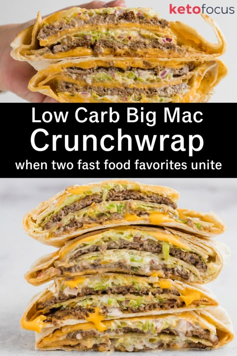 A hand holding two crunchwraps above. Below is four crunchwraps filled with the components of a Big Mac stacked on each other. Folded Tortilla Wrap Burger, Keto Burger Wrap, Burger Wrapped In Tortilla, Healthy Burger Wrap, Low Carb Tortilla Meals, Lean Hamburger Recipes Healthy, Low Carb Big Mac Wrap, Tortilla Wrap Burger, Crunch Wrap Burger