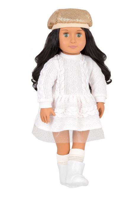 Talita - Our Generation Doll Silky Black Hair, Og Dolls, Black Wavy Hair, Sequin Hat, Girl Hair Colors, Straight Black Hair, White Knit Dress, White Dress Shoes, Journey Girls