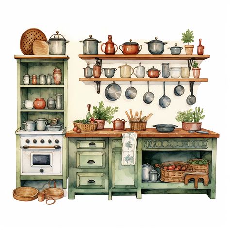 Watercolor Vintage Kitchen Clipart, Vintage Printables, Food Clipart, Kitchen Jpg, Antique, Scrapbooking, Commercial Use, Digital Download - Etsy Turkey Art Above Stove, Stand Alone Pantry, Rustic Cottage Style, Kitchen Clipart, Super Organized, Clipart Vintage, Small Kitchen Organization, Watercolor Vintage, Food Clipart