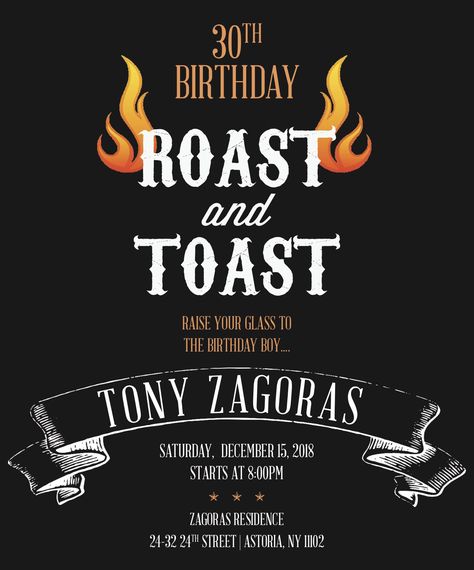 Birthday Roast Ideas, Roast Birthday Party, Husbands 30th Birthday Party Ideas, Roast And Toast Party Ideas, Roast Party Ideas Comedy, Comedy Roast Birthday Party, Roast Birthday Party Comedy, 40th Birthday Roast And Toast, Men’s Thirty Birthday Theme