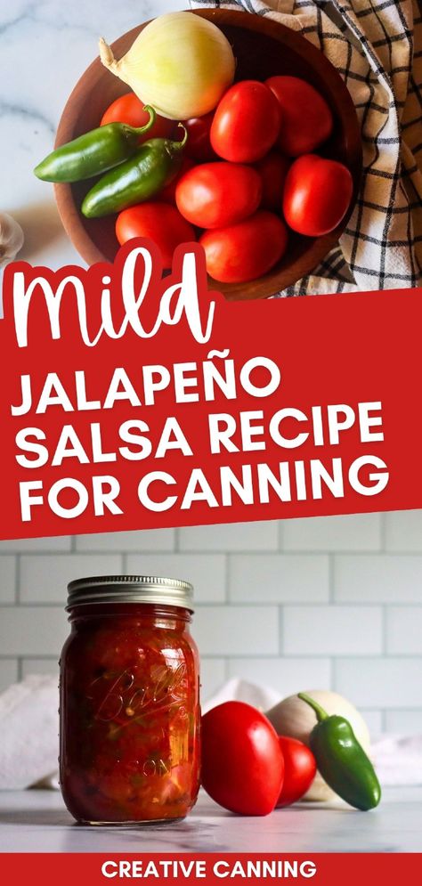 Discover the perfect mild jalapeño salsa recipe for canning, combining fresh tomatoes, onions, and just enough jalapeño heat. This easy, tested recipe creates a delicious salsa that’s perfect for sensitive palates, tacos, nachos, and more. Find more Mexican recipes, easy salsa recipes, condiments, and Home Canning Recipes at creativecanning.com. Pepper Canning Recipes, The Best Salsa Recipe For Canning, Salsa Recipes For Canning, Cowboy Candy Jalapenos, Homemade Salsa With Fresh Tomatoes, Canned Salsa Recipe, Sweet Pepper Jelly, Sweet And Spicy Salsa, Salsa With Fresh Tomatoes