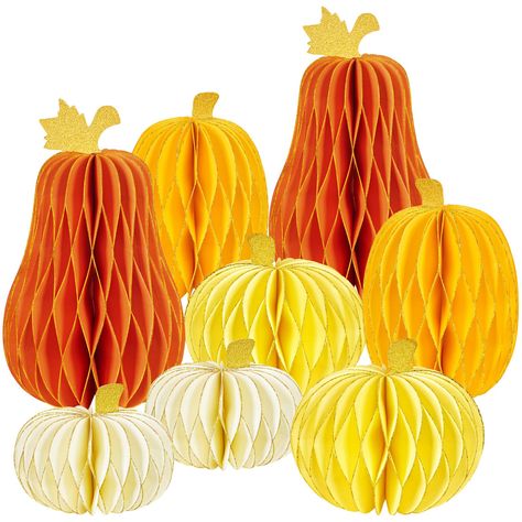 PRICES MAY VARY. 🧡 Exquisite Pumpkin Honeycomb Centerpiece: The exquisite paper honeycomb decoration adopts four classic pumpkin shaped autumn themed color designs, with various shapes and sizes, and unique gold powder decorations around the edges and top leaf areas of the honeycomb, giving it a fresh appearance. 🧡 High quality materials: Our premium honeycomb paper pumpkin is made of high-quality and textured double-sided printed colored adhesive paper, with about 46 layers, making the center Honeycomb Centerpiece, Thanksgiving Baby Shower, Decorations For Halloween, Centerpieces For Tables, Paper Pumpkins, Honeycomb Decorations, Tissue Pom Poms, Halloween Autumn, Honeycomb Paper