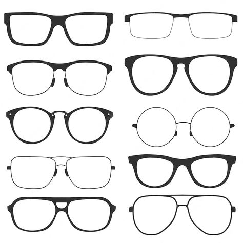 Premium Vector | Collection of modern glasses, isolated on white background. retro style glasses with black frames for men and women. vector illustration Glasses Reference Drawing, Types Of Glasses Frames, Sunglasses Design Sketch, Glasses Drawing Reference, Glasses Template, Glasses Types, Draw Glasses, Glasses Reference, Glasses Character