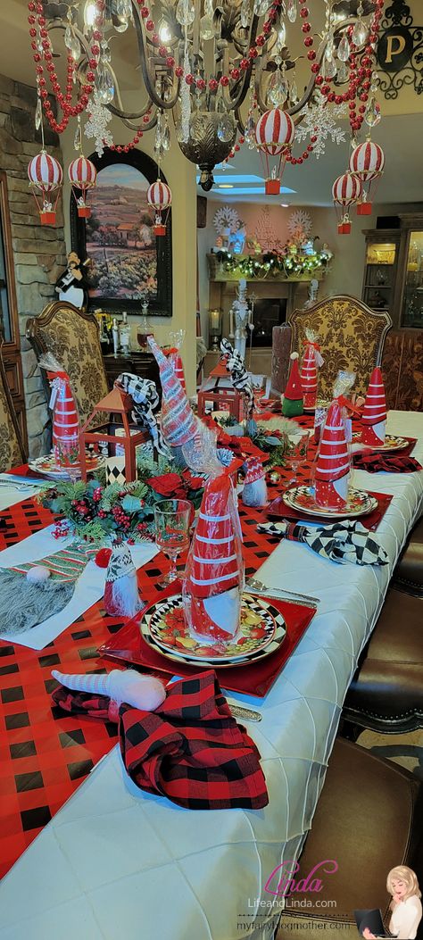 Gnome Themed Christmas Table, Gnome Christmas Party Theme, Gnome Table Centerpieces, Gnome Party Ideas, Gnome Christmas Party, Bunco Ideas, Gnome Ideas, Gnome For The Holidays, Target Christmas