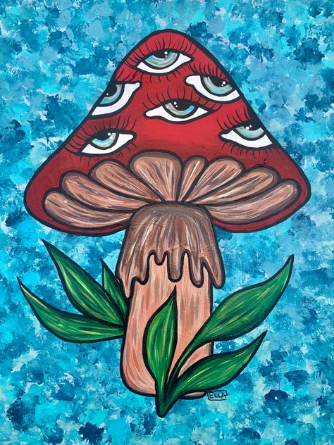 Original painting by Ella Johnson mushroom eye acrylic painting ideas 11”x14” canvas painting wall decor hippie art Big Mushroom Painting, Mushroom With Eyes Painting, Cool Paint Marker Drawings, Shroom Painting Trippy, Mushroom Art Colorful, Chill Paintings Ideas, Mushroom Eye Painting, Easy Earthy Paintings, Goblincore Painting Ideas