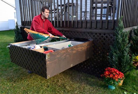 Deck drawer Under Deck Drawers, Deck Storage Bench, Under Deck Storage, Patio Furniture Pillows, Small Apartment Storage, Under Deck, Low Deck, Deck Storage, Under Decks