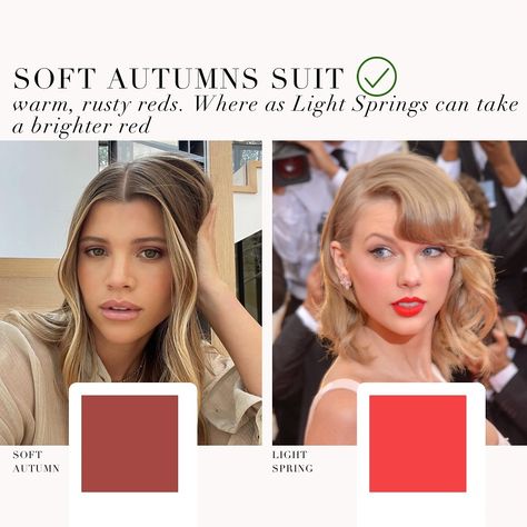 Soft Autumn VS Light Spring as requested 🤍 . #coloranalysis #colouranalysis #lightspring #softautumn #taylorswift #sofiarichie #coloranalyst Soft Autumn Vs Light Spring, Red Hair For Soft Autumn, Warm Spring Celebrities, Soft Autumn Celebrities, Light Spring Outfits, Soft Autumn Light, Autumn Mute, Season Palette, Season Analysis