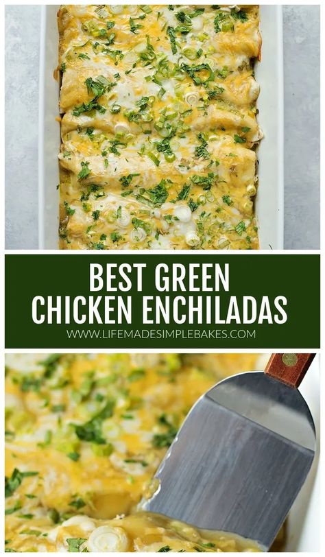 Mom's green enchiladas are always a big hit! They're loaded with seasoned shredded chicken, sour cream, LOTS of cheese, and topped with a green chile sauce. #mom'sgreenenchilada #greenenchiladas #enchiladas #homemadeenchiladas Enchilada Cream Cheese, Shredded Chicken Enchiladas Green, Turkey Enchiladas Green Sauce, Green Chilies Chicken Enchiladas, Enchiladas Chicken Verde, Green Salsa Chicken Enchiladas, Easy Green Chile Chicken Enchiladas, Chicken Enchiladas With Green Sauce Corn Tortillas, Green Verde Chicken Enchiladas