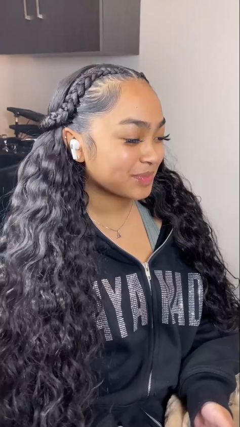 Two Braid In Front Of Hair, Crinkled Hair Hairstyles Black Women, Two Braids With Curly Hair In The Back, Braids With Hair In The Back, Half Sew In Weave Hairstyles, Tribals With Quick Weave, 2 Braids In The Front With Hair Down, Braids And Quick Weave, Braided Front Curly Back