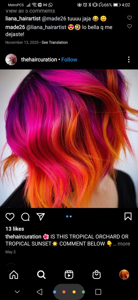 Reverse Sunset Hair, Sunset Hair Color Short Bob, Vivid Short Hair, Pink And Orange Hair Short, Short Vibrant Hair, Vibrant Hair Color Ideas Short, Vivid Hair Color Ideas Blondes, Summer Vivid Hair Color, Flame Hair Color