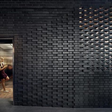 Open Air Restaurant, Austin Hotels, Brick Detail, Hotel Exterior, Black Brick, Top Architects, Brick Architecture, Brick Facade, Concrete Structure