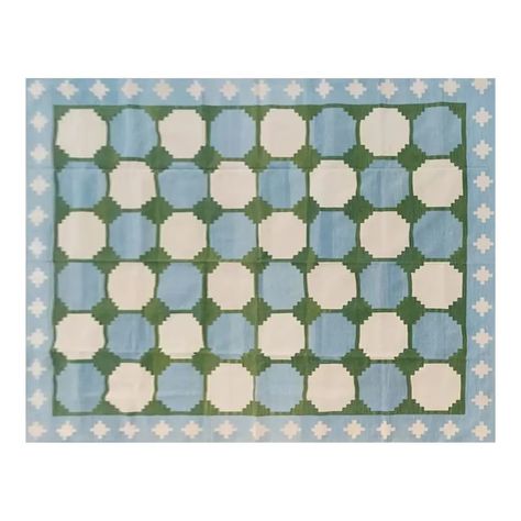 Handmade Cotton Flat Weave Reversible Box Pattern Sky Blue and Forest Green Area Rug - 6'x9' | Chairish Blue Green Tile, Blue Tile Patterns, Swedish Rug, Weave Rug, Dhurrie Rugs, Deco Luminaire, Cotton Area Rug, Box Patterns, Green Tile