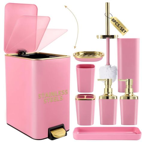 Chanel Bathroom Set, Pink Bathroom Ideas Aesthetic, Pink Bathroom Decor Aesthetic, Pink And Gold Bathroom Decor, Pink And White Bathroom Decor, Bathroom Decor Apartment Girly, Gold Trash Can, Pink And Black Bathroom Decor, Bathroom Decor Girly