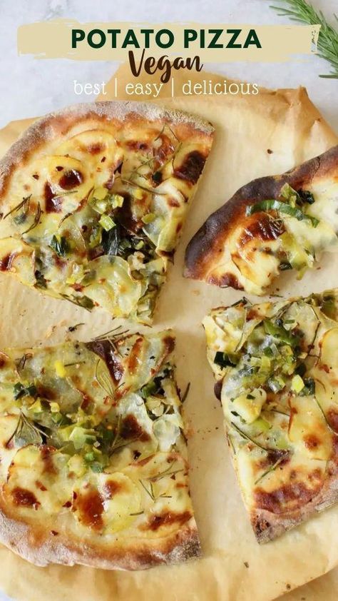 Wfpb Pizza Recipes, Vegan Potato Pizza, Potato Leek Pizza, Potato Pizza Dough, Potato Pizza Recipes, Potatoe Pizza, Vegan White Pizza, Plant Based Pizza Recipe, Caramelized Leeks