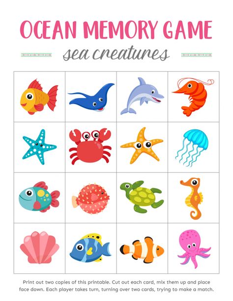 Ocean Theme Preschool, Printable Games For Kids, Free Games For Kids, Memory Match Game, Memory Games For Kids, Memory Game, Games For Toddlers, Toddler Learning Activities, Memory Games