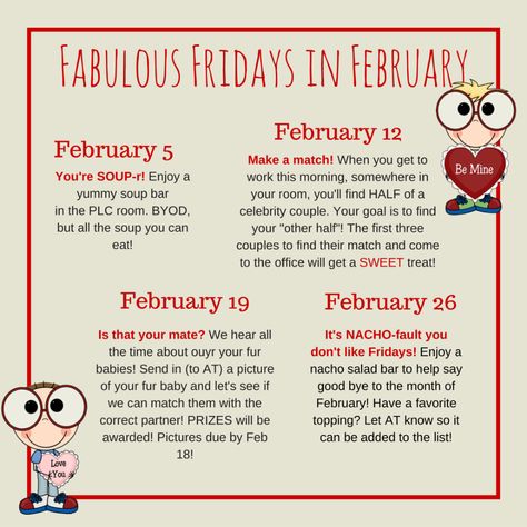 Fabulous Fridays In February, Fab Fridays In February For Teachers, Valentines For School Staff, Spirit Committee At Work, February Employee Appreciation Ideas, Employee Morale Boosters Team Building, Teacher Morale Boosters Ideas High School, February Teacher Morale Boosters, Teacher Morale Boosters Free Printables