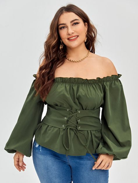 Plus Corset Lace Up Bishop Sleeve Bardot Blouse Plus Size Cottage, Blouse Corset, Off Shoulder Corset, Plus Size Ripped Jeans, Bardot Blouse, Plus Size Pencil Skirt, Corset Blouse, Wrap Front Dress, Plus Size Bodycon