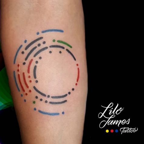 LiloJamesTattoo | Names in concentric circles and Morse code  | Tattoodo Network Tattoo Design, Morse Code Tattoo Ideas Simple, Morse Code Date Tattoo, Morris Code Tattoo Ideas, 3 Circles Tattoo, Coding Tattoo, Binary Code Tattoo, Morse Code Tattoo Ideas, Morse Tattoo