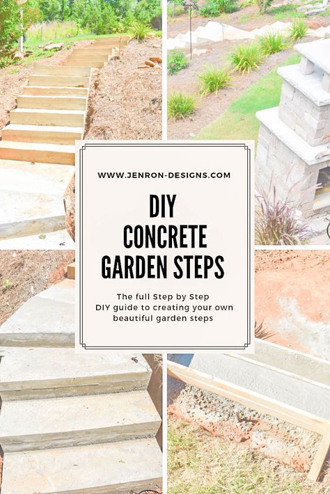 We recently added a set of DIY concrete garden steps to our back yard. Which ended up being  4,200 lbs of hand poured concrete, and 6 months of battling rain Concrete Garden Steps, Backyard Garden Inspiration, Sloped Wall, Steps Garden, Outside Steps, Sloped Backyard Landscaping, Landscape Stairs, Landscape Steps, Sloped Yard