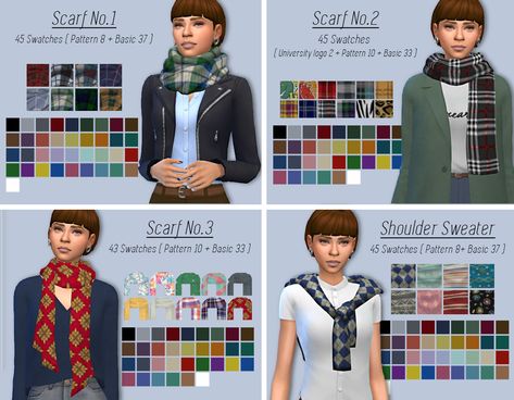 Scarf No.1 - 45 Swatches ( Pattern 8 + Basic 37 )  /  BGC  /  Female, Male  /  Necklace Category Scarf No.2 - 45 Swatches ( University logo 2 + Pattern 10 + Basic 33 )  / BGC  /  Female, Male  / ... Male Necklace, Sims Videos, Los Sims 4 Mods, Scarf Collection, Hairstyle Tutorials, Sims 4 Mm, The Sims 4 Download, Sims Four, Los Sims