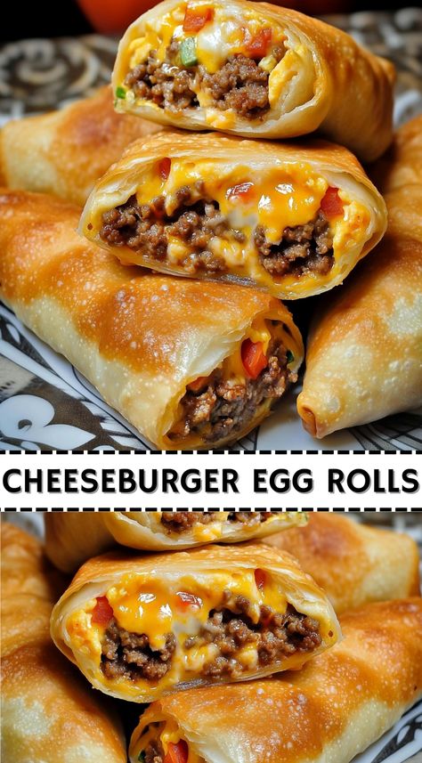 Give your taste buds a treat with these mouthwatering Cheeseburger Egg Rolls, offering a creative spin on a beloved classic. Filled with juicy beef, gooey cheese, and wrapped in a crunchy shell, they're ideal for gatherings or a relaxing evening at home. Simple to prepare, these egg rolls offer a delightful way to savor cheeseburgers minus the bun. Be sure to save this pin for when your snack cravings hit! Homemade Egg Rolls With Ground Beef, Cheesy Beef Egg Rolls, Baked Cheeseburger Eggrolls, Sausage Egg Rolls Recipe, Stuffed Eggroll Recipes, Cheeseburger Egg Roll, Keto Cheeseburger Egg Rolls, Cheesecake Factory Cheeseburger Eggrolls, Egg Rolls Ideas