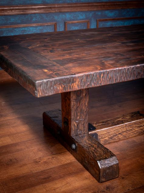 Rustic Dining Table | Runyon's Fine Furniture Wooden Table Legs Design, Wooden Tables Rustic, Reclaimed Wood Table Dining, Long Rustic Dining Table, Gothic Dining Table, Metal Wood Dining Table, Raw Wood Table, Viking Table, Dining Room Table Ideas