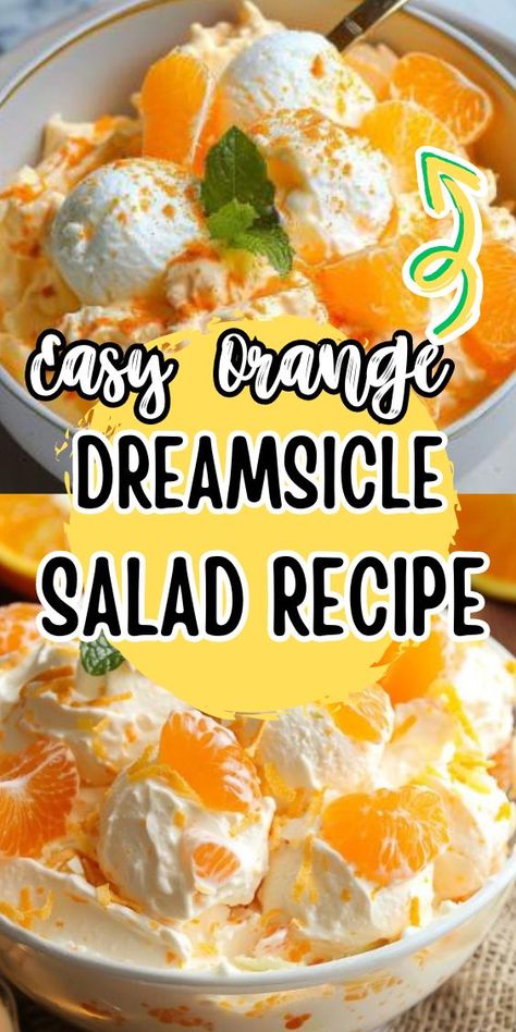 Easy Orange Dreamsicle Salad – a refreshing and creamy dessert salad that captures the essence of summertime bliss. Imagine tangy orange gelatin melding with creamy vanilla pudding, dotted with juicy mandarin oranges, and topped with a cloud of whipped cream. This delightful treat is reminiscent Dream Cycle Salad, Dreamcycle Salad, Orange Dreamsicle Salad, Dreamsicle Salad Recipe, Dreamsicle Salad, Jello Fluff, Fluff Recipes, Dessert Salad Recipes, Fluff Salads