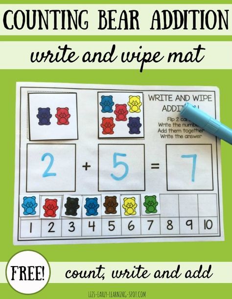 This free write and wipe addition activity is used with counting bears to practice addition within 10. It's easy to differentiate for extra support, too. Addition Mats, Free Math Centers, Math Manipulative, Counting Bears, Teaching Addition, Addition Activities, Addition Games, Math Centers Kindergarten, 19 Kids And Counting