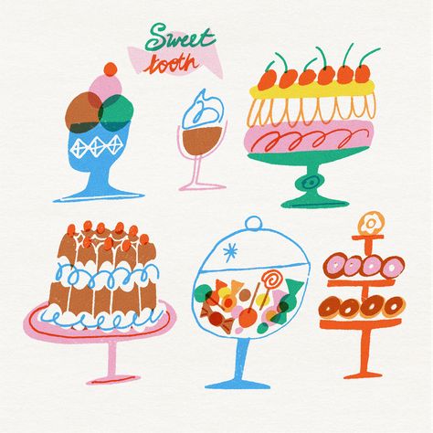 Food Illustration Design, Ice Cream Illustration, Dessert Illustration, Cake Illustration, Birthday Illustration, Riso Print, Favorite Dessert, Illustration Food, Retro Illustration