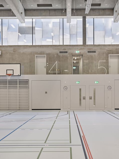 Gallery of Wettingen Canton School Sports Hall / :mlzd - 13 Gymnasium Architecture, Indoor Sports Court, School Floor, Basketball Room, Hall Flooring, Sports Hall, Gym Interior, Concrete Architecture, White Interior Design