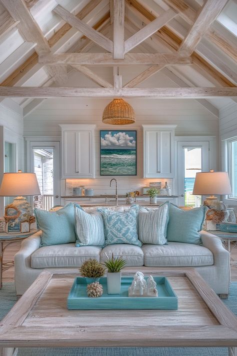 cozy-coastal-living-rooms Beach Cottage Style Living Room, Easy Living Room Decor, Beach Cottage Living Room, Cozy Coastal Living Room, Beach Cottage Kitchens, Small Beach Cottage, Light Blue Living Room, Beachy Living Room, Beach Cottage Ideas