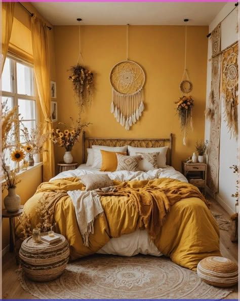 Yellow Boho Bedroom, Motel Makeover, Mustard Bedroom, Mustard Yellow Bedrooms, Scandinavian Bedroom Ideas, Yellow Room Decor, Themed Bedroom Ideas, Boho Bedroom Decor Ideas, Feature Wall Bedroom