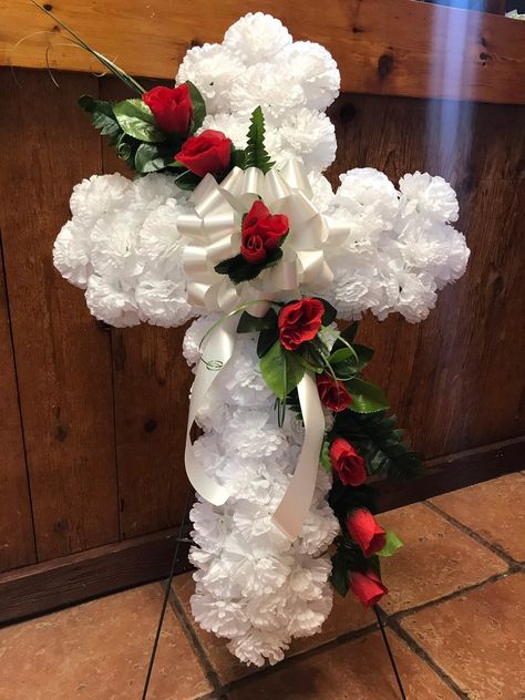 Cross Cemetery Arrangements, Valentine Decor For Cemetary, Diy Memorial Cross Ideas, Easter Grave Flowers, Memorial Wreaths Cemetery, Cemetary Flowers Grave Decorations Diy, How To Make Cemetery Flowers, Gravestone Decorations Cemetery, Cemetary Decorating Ideas