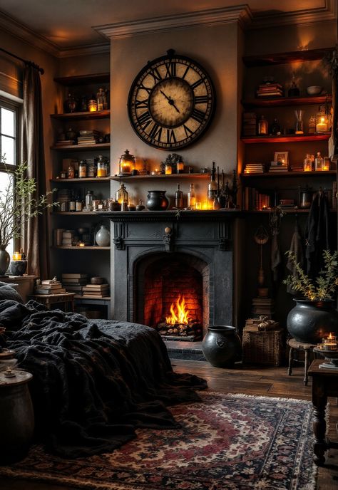 Boho Witchy Bedroom Witchy Interior Design, Witch Living Room, Boho Witchy Bedroom, Witchy Office, Witchy Space, Witchy Living Room, Witch Bedroom, Dark Botanical Wallpaper, Witchy Bedroom Ideas